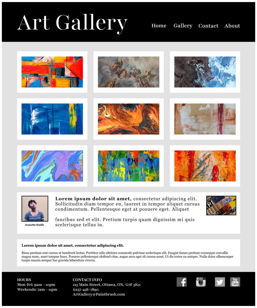 Full view of the fictional art gallery homepage designed in Figma, showing a 3x3 gallery grid, featured artist, and footer with hours and contact details