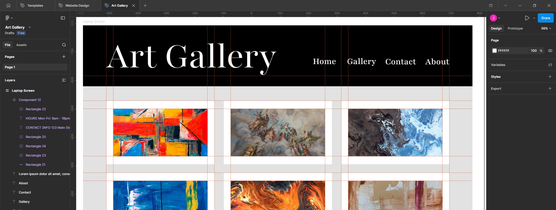 Cropped banner view of the fictional art gallery homepage, designed in Figma